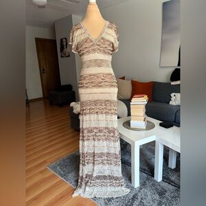 bebe Cream and Brown Striped Knit Maxi Dress